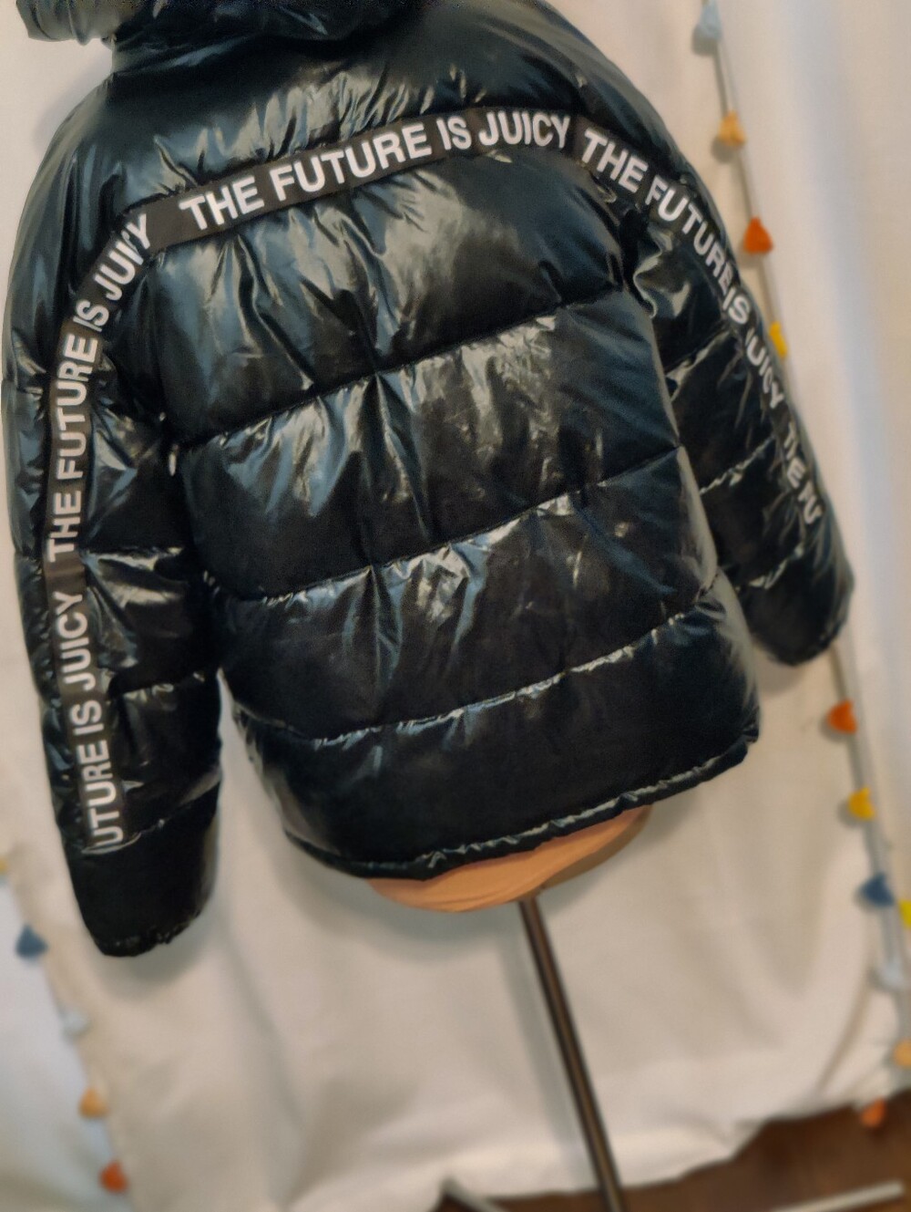 Juicy Couture Life is Juicy Super Shiny Black Down Puffy Coat Jacket Puffer S